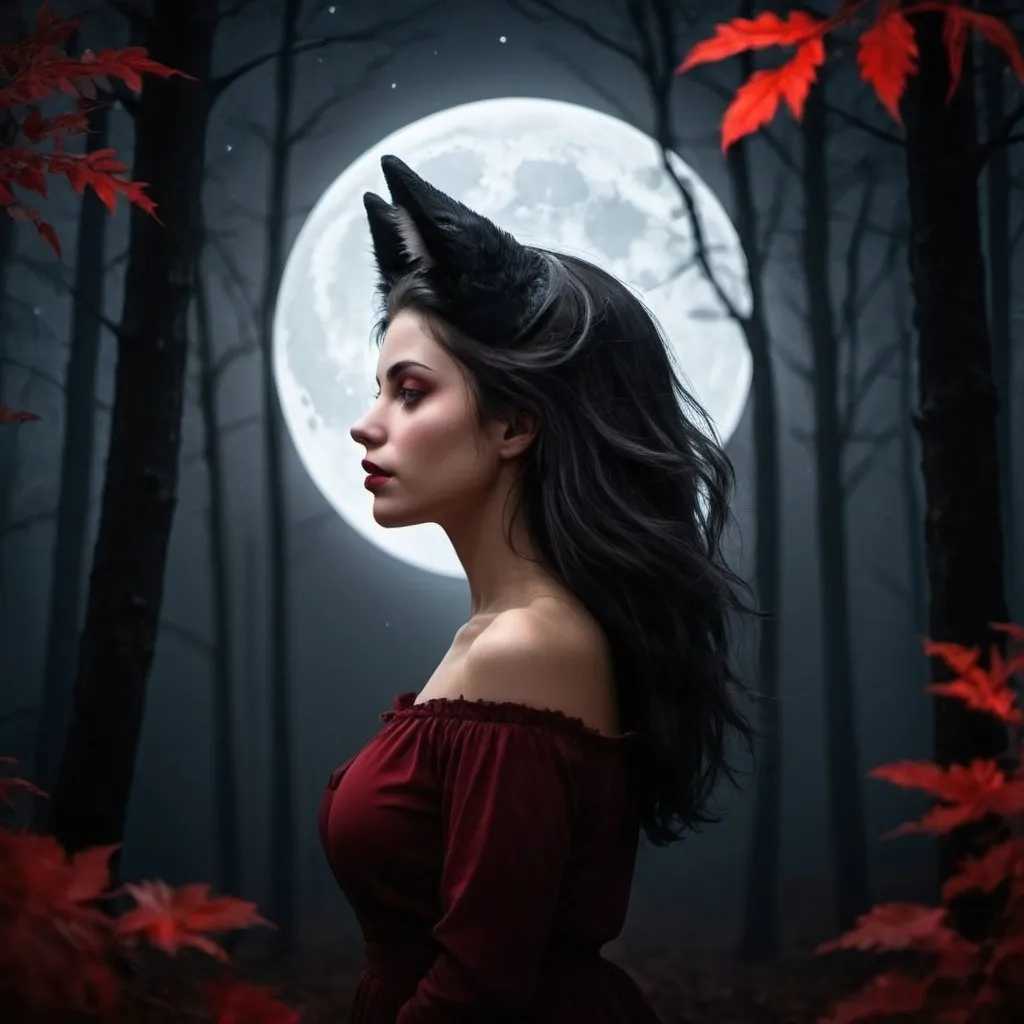 Prompt: femme réaliste, cheveux noir, foret, nuit, univers dark romance, loup démoniaque, terre sombre, lune rouge, ciel noir, créature démoniaque image format 4K 