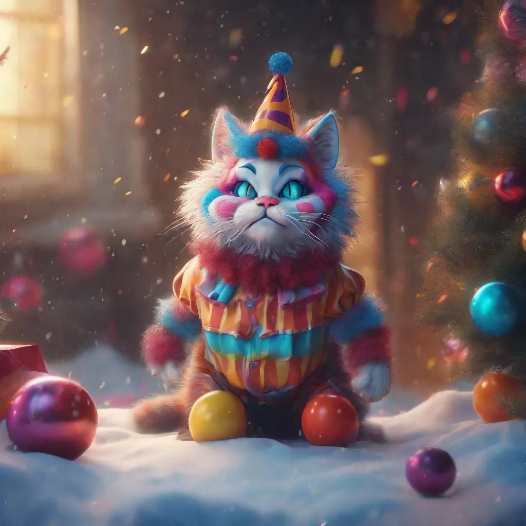 Prompt: Clown cat, happy new year vibes, style by loish, holiday, snow, ultra hd, realistic, vivid colors, highly detailed, UHD drawing, pen and ink, perfect composition, beautiful detailed intricate insanely detailed octane render trending on artstation, 8k artistic photography, photorealistic concept art, soft natural volumetric cinematic perfect light