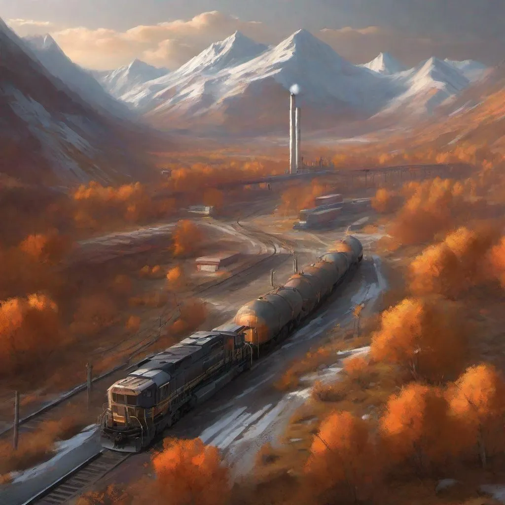 Prompt: intricate oil painting, sharp look, digital painting, autumn colored valley, sparse trees, with wildflowers, snow capped mountains, concept art, volumetric lighting, metallic reflections, heavy brush strokes, isometric, digital art, smog, pollution, toxic waste, chimneys and railroads, 3 d render, octane render, volumetrics, by greg rutkowski