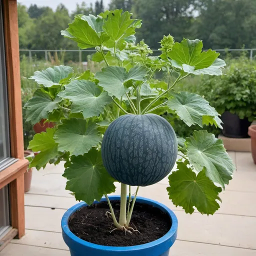 Prompt: plant with a tall stem growing outdoors in a large pot with a blue melon in the pot