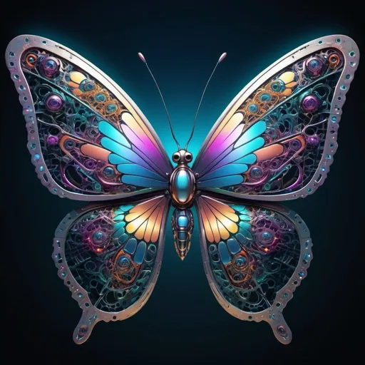 Prompt: Cybernetic butterfly with nanotechnology wings, iridescent colors, intricate details, futuristic, hyperspace, ultra-detailed, futuristic, cybernetic, high-tech, iridescent colors, intricate design, mesmerizing, otherworldly, highres, detailed wings, vibrant colors, futuristic atmosphere, surreal, nanotech, beautiful, shimmering, intricate patterns, hyperspace setting, mesmerizing lighting
