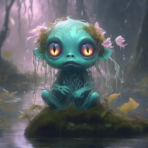 Prompt: A cute little sad spooky swamp spirit of the swamp spirit,

humidity, fog, will-o'-the-wisps,

cute and adorable, filigree, reflective eyes, flowers, rim lighting, lights, detailed eyes. magic, surreal, fantasy, digital art, wlop, artgerm and james jean, ultra hd, realistic, vivid colors, highly detailed, UHD drawing, pen and ink, perfect composition, beautiful detailed intricate insanely detailed octane render trending on artstation, 8k artistic photography, photorealistic concept art, soft natural volumetric cinematic perfect light, sf, intricate artwork masterpiece, ominous, matte painting movie poster, golden ratio, trending on cgsociety, intricate, epic, trending on artstation, by artgerm, h. r. giger and beksinski, highly detailed, vibrant, production cinematic character render, ultra high quality model, Miki Asai Macro photography, close-up, hyper detailed, trending on artstation, sharp focus, studio photo, intricate details, highly detailed, by greg rutkowski

Hashtag no filter,
Hashtag woke up like this,
Influenza style, ultra hd, realistic, vivid colors, highly detailed, UHD drawing, pen and ink, perfect composition, beautiful detailed intricate insanely detailed octane render trending on artstation, 8k artistic photography, photorealistic concept art, soft natural volumetric cinematic perfect light