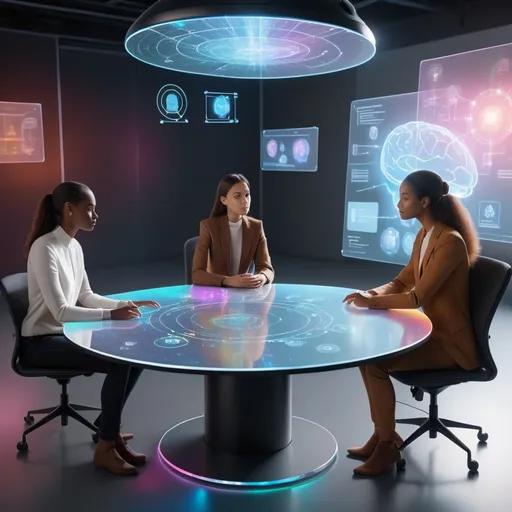 Prompt: A human and AI brainstorming solutions over a holographic table.