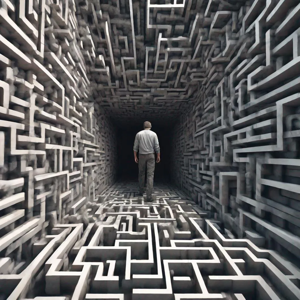 Prompt: A man trapped inside a maze trying to find a way out ,ultra realistic,ultra detailed, ultra rare drawing ,32k, ultra hd, realistic, vivid colors, highly detailed, UHD drawing, pen and ink, perfect composition, beautiful detailed intricate insanely detailed octane render trending on artstation, 8k artistic photography, photorealistic concept art, soft natural volumetric cinematic perfect light