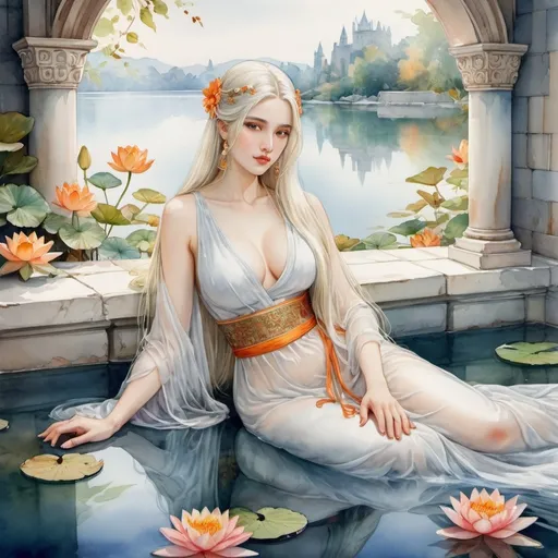 Prompt: in the center passionate girl athenian goddess with beautiful, white long hair, in a very long transparent chinese traditional dress, there are elegant large jugs with carvings, lies on cold marble glass slabs, with a persian pillow that reflects the lake below under the slabs. It is so transparent. Around water lilies with orange large flowers. Art, delicate colors of watercolor, soft lighting, watercolor, beautiful, medieval castle clinging vines, 