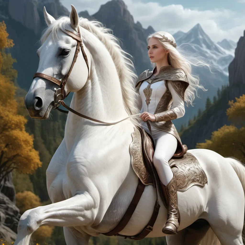 Prompt: Elf princess on a majestic white horse, breathtaking view, realistic,, ultra hd, realistic, vivid colors, highly detailed, UHD drawing, pen and ink, perfect composition, beautiful detailed intricate insanely detailed octane render trending on artstation, 8k artistic photography, photorealistic concept art, soft natural volumetric cinematic perfect light