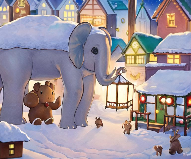 Prompt:  a heartwarming picture of the elephant, its eyes filled with wonder, exploring a cozy gingerbread village with talking gingerbread houses and cheerful reindeer in a magical, winter landscape, Mysterious
