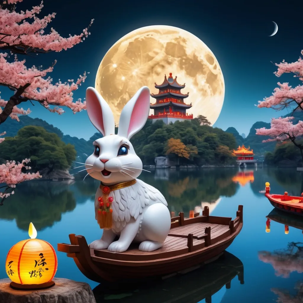 Prompt: Super-clear space, mid-autumn festival, a beautiful rabbit god leaning on a huge moon cake? ?, Chinese fairy palace, huge bright amber moon background, Beautiful ancient trees, lakes, boats, landscapes, colorful, shiny, Crystal clear, dream, mystery, science fiction, surreal, Ultra-clear pictures, HD pixels, Ultra HD, 5D, 8K resolution, pixel perfect, perfect ultra-fine detail, Mysterious