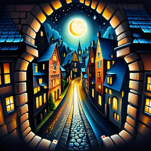 Prompt: Fairy tale German city at night, cityscape close-up, low angle, naive art style, attractive houses in the foreground, inspired by the architecture of old cities in Germany, night starry sky in the background, light in the windows of houses, Soft mysterious 3D lighting, style , inspired by modern European primitivist artists, trendy colors, high detail, colored pencil drawing, oil painting, strong strokes, dripping paint,