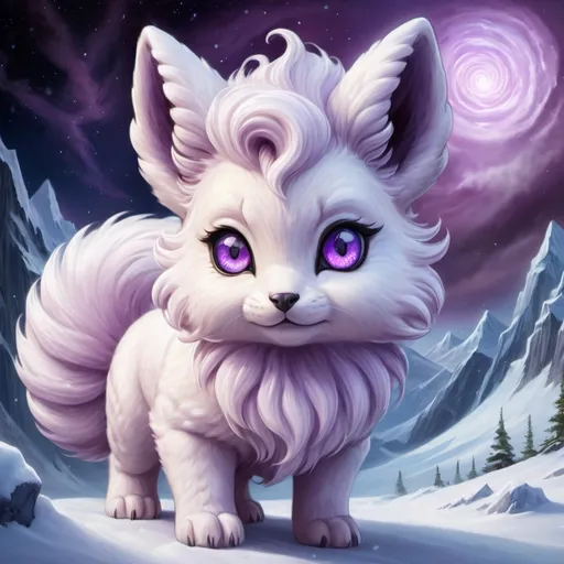 Prompt: {Alolan Vulpix}, gleaming hypnotic {amethyst purple eyes}, frost, ice element, detailed artwork, beautiful oil painting, 64k, detailed background, cosmic auroras, deep starry sky, lush cliffside, snowy mountain peaks, brilliant night sky, big purple ears, big beautiful 8k eyes, mischievous, vivid colors, thick fluffy fur, glowing ice aura, snow princess, bashful rosy cheeks, timid, bright rosy cheeks, thick billowing mane, intricately detailed fur, beautiful detailed eyes, , by Anne Stokes, golden ratio, perfect proportions, vibrant, hyper detailed, complementary colors, UHD, beautiful detailed background