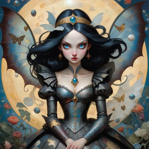 Prompt: comics cover by Bastien Lecouffe-Deharme, Hayv Kahraman, Erik Madigan Heck, Nicholas Hughes, Nicholas Hilliard, Daarken, faerietale couture, dark fantasy:: Whimsical beauty alice in wonderland, decoupage, intertwined with encaustic painting, impasto, ethereal foggy, craquelure, egg tempera effect, plethora of pokemons lanquerware with mother of pearl inlay, vampiress godess, spread dark dragon iridescent wings, in the asterism sky, medieval armor with geoglyph engraves, in action, with a heliocentric kinetic glowing spear, 