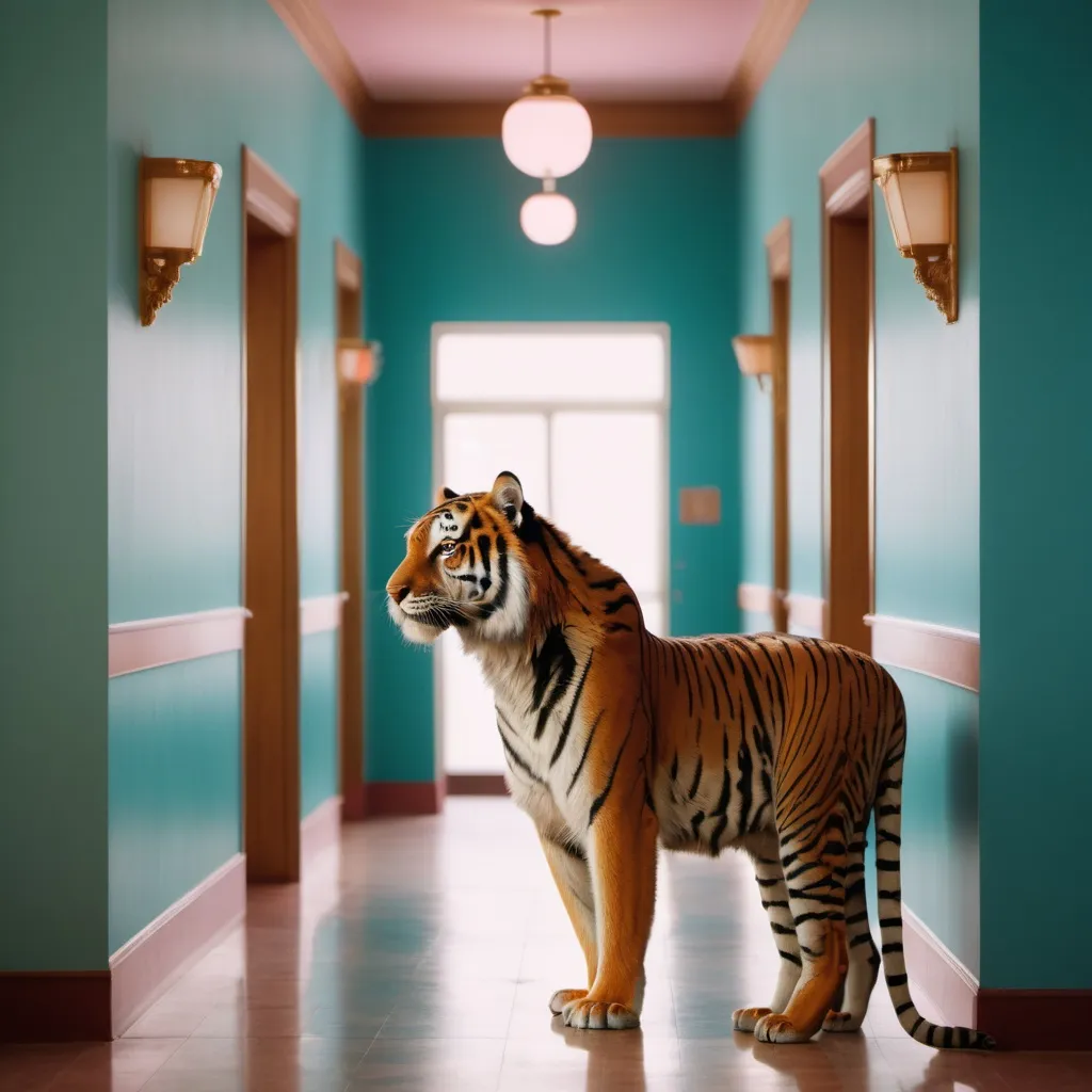 Prompt: (extreme long shot), profile of a tiger standing at the end of a hallway in Wes Anderson Hotel, cinematic pastel lighting, cinematic photo, focus, film, professional, 4k, highly detailed