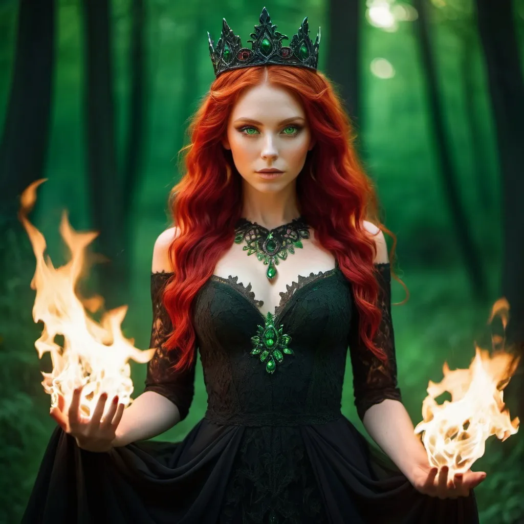 Prompt: Fire goddess in black dress, red hair, green eyes, mythical background,  elemental goddess, crown of fire, fire in her hands,   mythical, fire elemental,  detailed red hair, intense clear green eyes, black beautifull gown of lace, atmospheric lighting