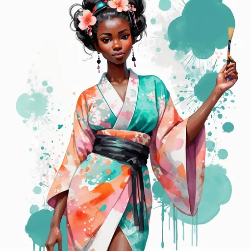 Prompt: A gorgeous, stunning body, woman wearing an intricate kimono, digital watercolor painting,  paint splatter, bold brush strokes, dark skin, bright colors on white background, teal orange pink black white color pallette, symmetrical, adorable, cute, Pixar style painting, art nouveau