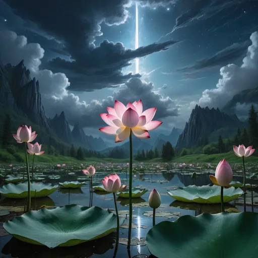 Prompt: Real photographic landscape painting with incomparable reality, Ultra-wide, Ominous sky, Lotus, Starry night, Harry Potter, Volumetric lighting, Clearing, Realism, James Gurney, artstation, Miki Asai Macro photography, close-up, hyper detailed, trending on artstation, sharp focus, studio photo, intricate details, highly detailed, by greg rutkowski