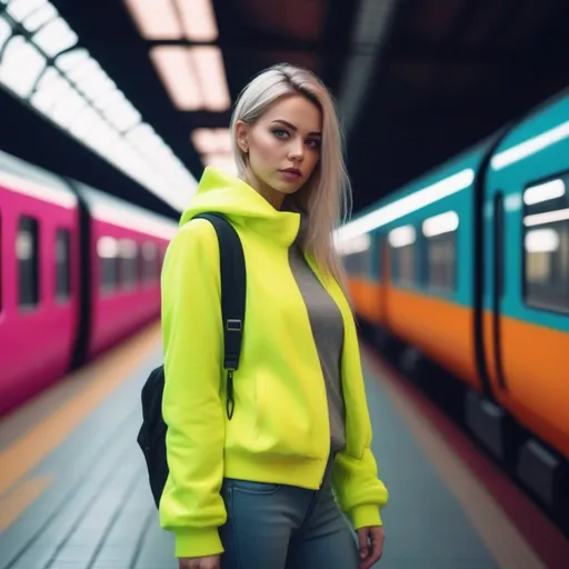 Prompt: Cinematic photography, modern, female at train station, proportionate, neon colors details, realistic, ultra 8k resolution