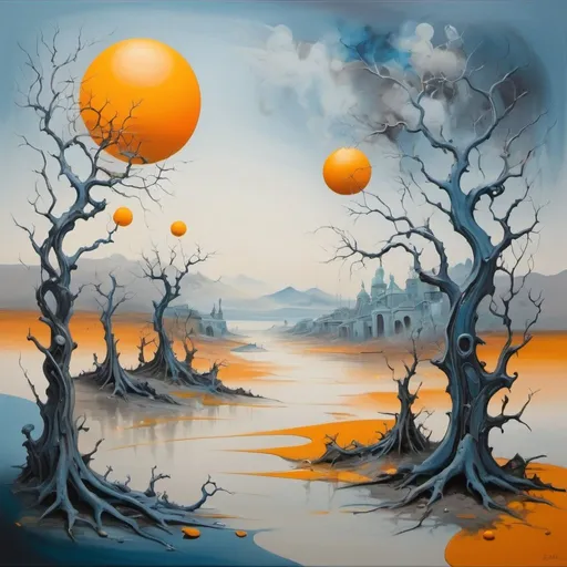 Prompt: A surreal and fantastical piece inspired by the works of Salvador Dali. The dominant color palette is a muted blend of blues and grays, with splashes of vibrant orange and yellow. The composition features a dreamlike landscape of melting clocks, distorted buildings, and eerie trees that seem to twist and writhe like living serpents. To achieve this dreamlike quality, the artist employed a range of techniques, including sfumato to create soft, hazy edges and atmospheric perspective to create a sense of depth. Use bold, expressive brushstrokes and textured paste to add tactile dimensionality to the painting, while the clocks and other objects are rendered in crisp, detailed lines to create a sense of tension and unease.