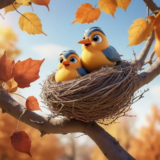 Prompt: Create a photo-realistic photography image of a cute and happy pixar style bird couple in they're nest high in a tree. It's autumn and they are preparing their cosy nest. It's a bright and sunny autumn day. Product photography, whimsical and playful, sunny environment, A medium shot natural light, ultra realistic