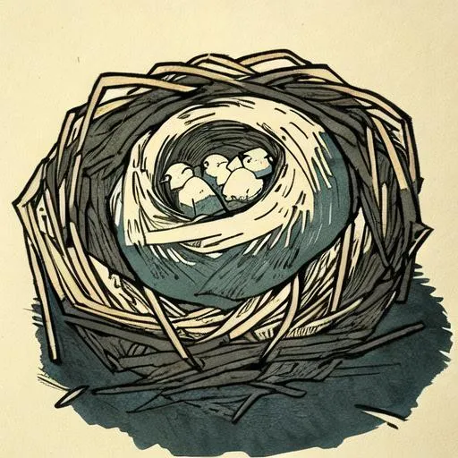 Prompt: Linocut illustration of bird in a nest