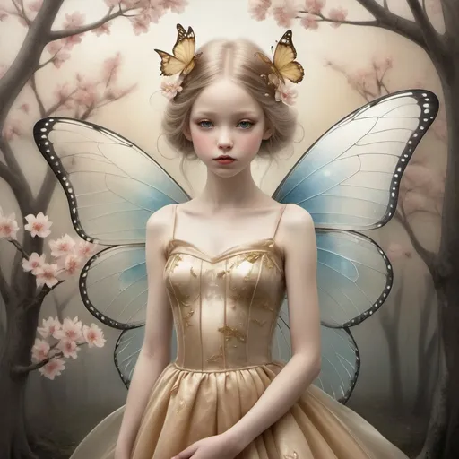 Prompt: An elegant beautiful fairy with transparent iridescent wings and translucent dress ! Fairy, golden blossom butterfly, cherry trees, ink drawing, velvet, satin, silk, storybook illustration collage detailed by Carl Larson and nicoletta ceccoli, double exposure worlds within worlds, mind escapes, perfect smooth lustrous skin, shining eyes