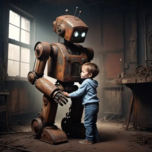 Prompt: 4-year-old boy, with a huge old and Rusty Robot, hugging. dark fading room, dim light, dust, cobwebs, rust, hyperrealistic, maximum detail, 4k
