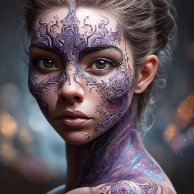 Prompt: Hyper realistic of bold and beautiful girl, beautiful bodyart, full body view, bold realistic look, intricate detailed, omnilight, sharp focus detailed, sf, intricate artwork masterpiece, 8k resolution masterpiece, sharp focus, 