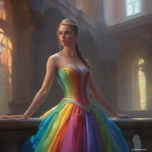 Prompt: Princess, wearing wide rainbow dress, in a castle, ultra realistic, realistic lighting, lot of light , professional ominous concept art, by artgerm and greg rutkowski, an intricate, elegant, highly detailed digital painting, concept art, smooth, sharp focus, illustration, in the style of simon stalenhag, wayne barlowe, and igor kieryluk.