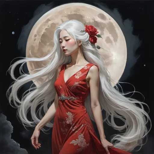 Prompt: a woman in a red dress with long white hair and a rose in her hair, standing in front of a full moon, Chizuko Yoshida, vanitas, dark background, a detailed painting