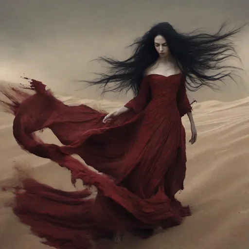 Prompt: A bewitching woman in a torn carmine dress, her long black hair covered in sand. She was almost inhumanly beautiful

She had long hair that fell like a waterfall of black silk and wore a simple dress of carmine fabric, which nevertheless looked regal and mesmerizing on her slender figure. Her face was a little aloof, and a little humorous. It was the kind of face one never wanted to look away from.

She seemed almost irresistibly alluring, breathtaking, and tantalizing. She was tall, with fair skin and red, sensual lips. Her cold beauty was only made more striking by her inviting dark eyes, which were full of strength and willpower