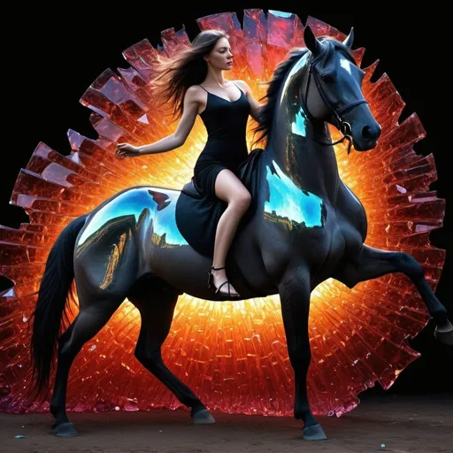 Prompt: a red horse and a mounted woman dressed in black, Broken Glass effect, no background, stunning, something that even doesn't exist, mythical being, energy, molecular, textures, iridescent and luminescent scales, breathtaking beauty, pure perfection, divine presence, unforgettable, impressive, breathtaking beauty, Volumetric light, auras, rays, vivid colors reflects, Broken Glass effect, no background, stunning, something that even doesn't exist, mythical being, energy, molecular, textures, iridescent and luminescent scales, breathtaking beauty, pure perfection, divine presence, unforgettable, impressive, breathtaking beauty, Volumetric light, auras, rays, vivid colors reflects