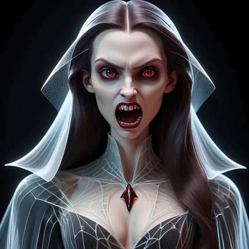 Prompt: Design a 3D hologram of a vampire with long gown, focusing on clean lines and shapes. The vampire's form should be reduced to its most basic, abstract elements, resembling a wireframe or a digital projection. Emphasize a transparent quality, with the vampire image composed solely of luminescent lines, and geometric shapes. This hologram should give the impression of a digital projection, with no visible skin or physical features. It's a representation of the vampire as a pure, abstract form, evoking a sense of gothic elegance. The lines and shapes in this hologram should be predominantly white in color