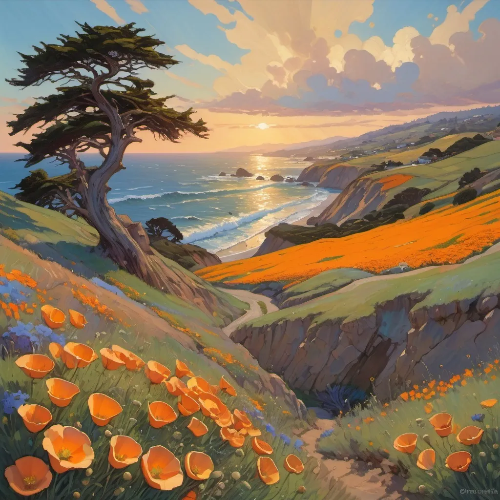 Prompt: Scenic Landscape, Rolling Coastal hills, California Poppies, Baby's-Blue-Eyes Flowers, windblown cypress tree, jagged coastline, small coastal village, crashing waves, ocean, sunset, puffy clouds, hyperdetailed, Erin Hanson, Donato Giancola, Nicolas de Stael, cinematic lighting, long shadows
