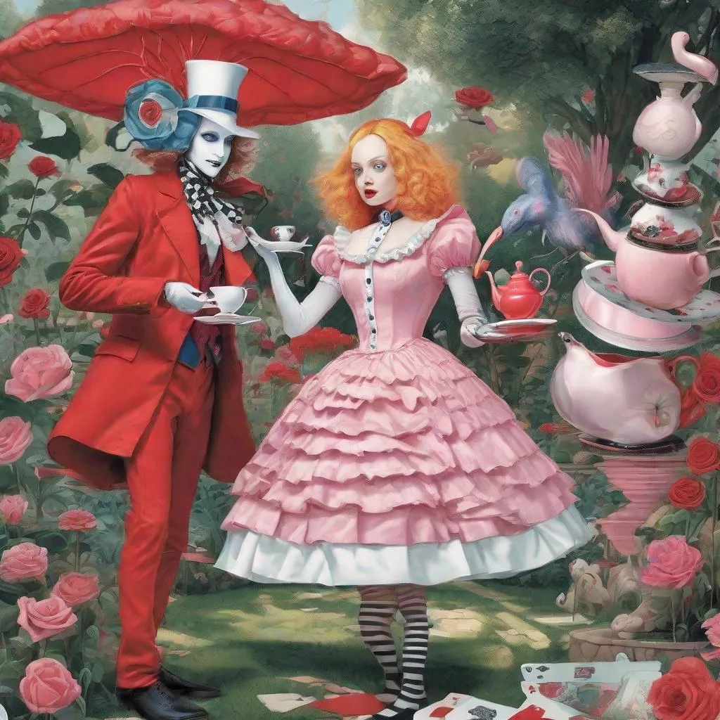 Prompt: Alice in robotic wonderland scene in red rose garden, red queen of cards throwing a pink flamingo, mad hatter holding a tea pot