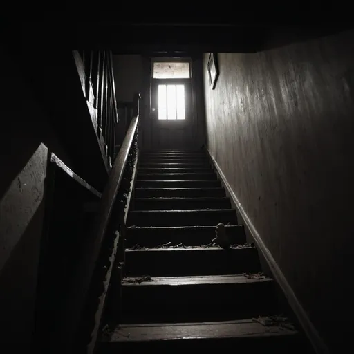 Prompt: A cinematic, low-angle shot from the floor of a dark, eerie basement. The viewpoint is from the bottom of old, creaky wooden stairs, looking up. The stairs have cobwebs hanging between the steps and appear fragile and worn. The scene is shrouded in darkness, with only the sharp, contrasting light from the open basement door illuminating the stairs. Between the steps, a sinister clawed hand is creeping out, avoiding the light but sensing the presence of prey. At the top of the stairs, in the bright doorway, stands the small silhouette of a child with an uncanny smile. The atmosphere is unsettling and creepy, with every detail contributing to a sense of impending dread and horror. depth of view, horrorcore, bokeh effect, eldritch horror