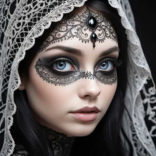 Prompt: High detail, close-up, graphic art, incredibly beautiful gothic girl, big bright eyes, unrealistically long eyelashes, body art on the body, opalization, radiance, beautiful, mesmerizing filigree, super detailed image, fine details, best quality