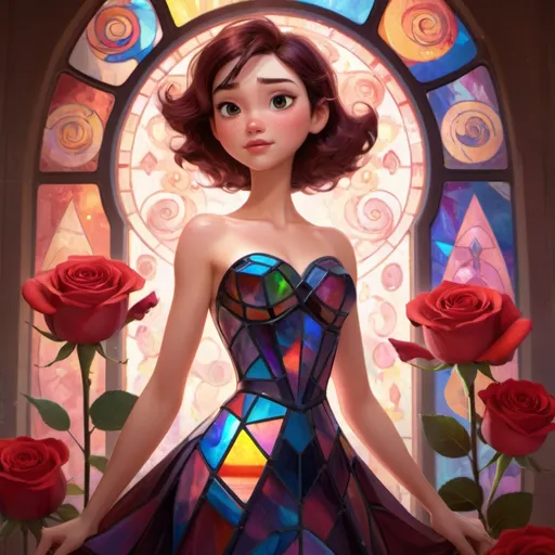 Prompt: beautiful woman wearing a dress made from stained space glass in the design of a rose. painting by artgerm and greg rutkowski and ilya kuvshinov paul lerh