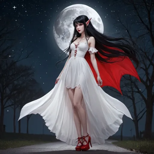 Prompt: vampire, elf, 1 girl, long black hair, long white dress, red wings, red shoes, night, stars, moon