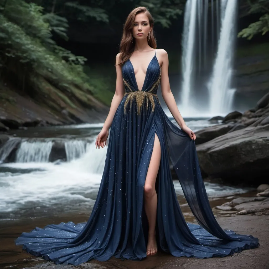 Prompt: The Celestial Cascade Gown is an elegant and unique dress inspired by the beauty of the night sky and the enchanting flow of waterfalls. This gown is designed for those who want to make a statement at a special event or red carpet occasion. It combines elements of celestial beauty and the grace of cascading waterfalls, resulting in a truly one-of-a-kind design., Mysterious