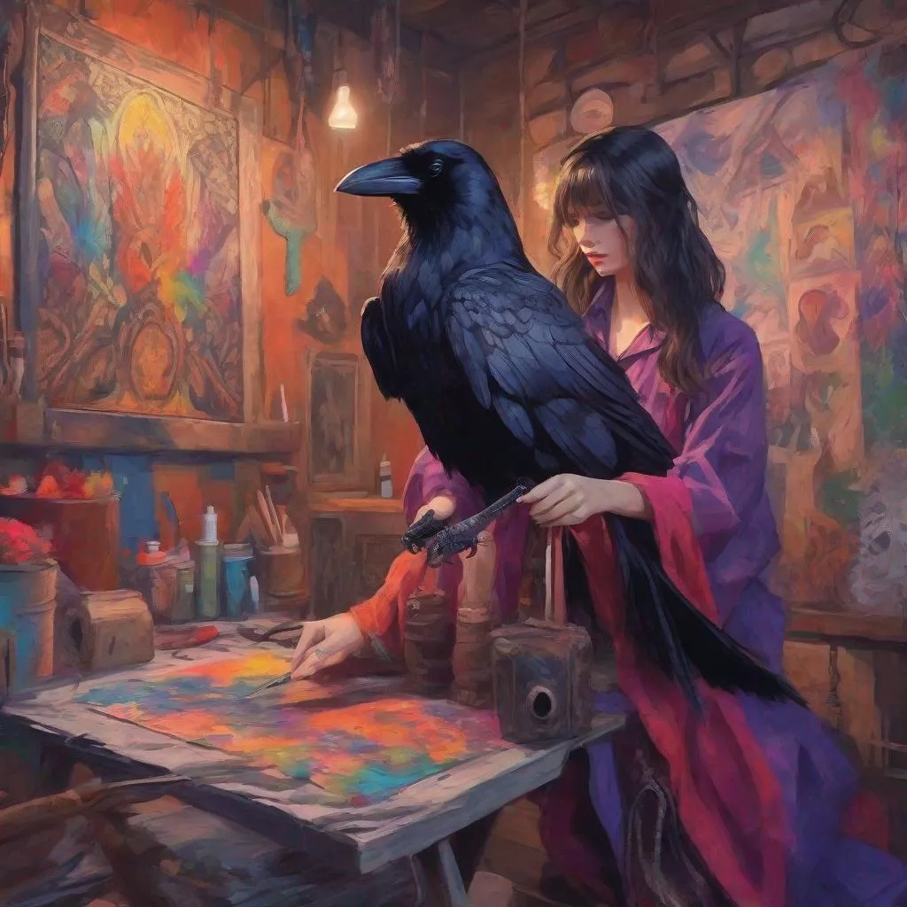 Prompt: Dungeon synth aesthetic, a beautiful raven in colorful clothes, painting a lovely picture on a canvas, indoor, daytime