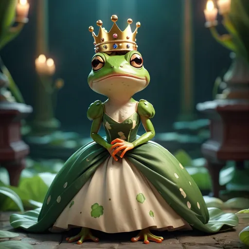 Prompt: Cute lady frog in dress and crown dressed in gown in cinematic environment