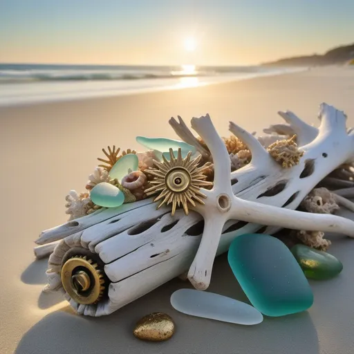 Prompt: Sun-bleached driftwood adorned with barnacles, clusters of sea glass ranging in hues from aquamarine to bottle green, and a rustic, salt-tarnished brass compass entangled in seaweed, compose a maritime scene, strewn across the sandy beach, foreground focused with blurred horizon where sky meets sea, golden hour illumination, high dynamic range photography, ultra clear.