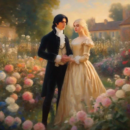 Prompt: handsome English duke with black hair, beautiful girl with blonde hair, standing in a flower garden, regency era, impressionist painting, inspired by Monet, romantic lighting, golden hour