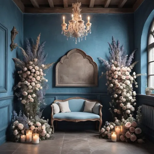 Prompt: incredibly beautiful images of flowers, close-up, use of dried flowers and herbs, minimalist design using neutral colors among natural elements, bohemian charm, natural light, small details, digital rendering technology, adding pastels to blue interior elements. There is a lot of air in the space, there are roses, peonies, gypsophila, all in blue and beige tones. There is a large space in the background, stone walls, perhaps in a castle style. The walls themselves are made of wood, stone, brown, pastel colors, so the walls are made of stone, like in real castles. The mystery of the castle and beautiful candles around. Castle in the style of Dracula. A little gothic in the style of Dracula in the interior. Variety of colors. Flowers occupy almost the entire background.