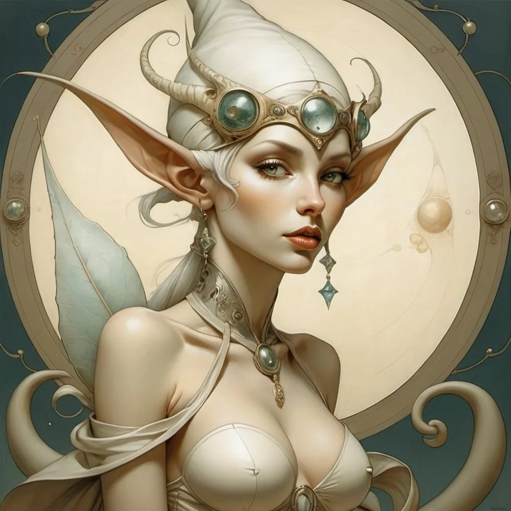 Prompt: Beautiful lady interdimensional elf, Michael Parkes style 