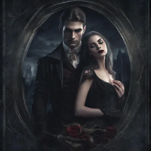 Prompt: dark fantasy, vampire, romance, book cover picture, high detail, surrealistic, 4k, centered