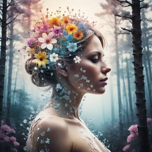 Prompt: Crystal silhouette of an (unformed figure of a transparent woman made of flowers:1.5) in juxtaposition with snowy forest landscape and double exposure trees blossoms sunrise background by Greg Olsen :: Andrea Lie :: Patrice Murciano :: Carne Griffiths :: mind-bending :: psychedelic cinematography.    