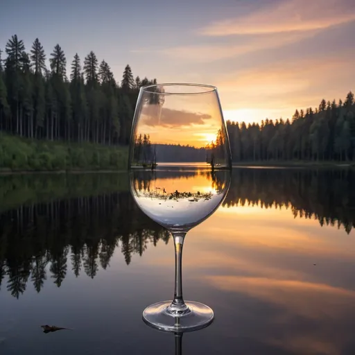 Prompt: glass on poach reflecting the surrounding lake and forest and capturing the magic beauty, sunset