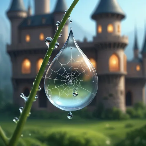 Prompt: Close-up digital painting capturing a dewdrop suspended on a spider's web, (Re) AlDeeb AlDeeb madness 🎨, by o.f.a., by aldeeb, contains a miniature fairytale castle refracted within, background merging reality with fantasy through a bokeh effect, selective focus on dewdrop, ultra fine details evoke a magical atmosphere, cinematic quality.