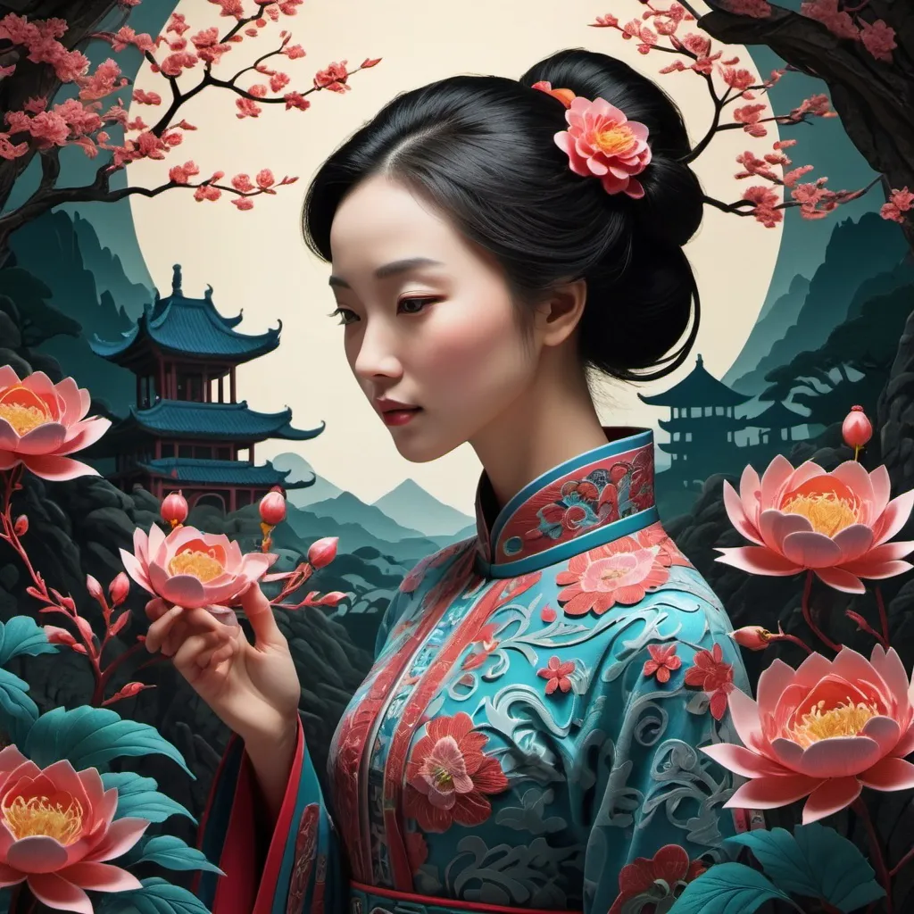 Prompt: (Mysterious woman, phantom effect, chinese papercutting, intricate design, three-dimensional pattern, delicate craftsmanship, creative expression, texture art, blooming flowers, colorful petals, fragrant scent, blessings of nature, vitality Filled gardens, tranquil landscapes, perfectly composed works), Unreal Engine, Octane rendering, high quality, high resolution, high precision, realistic, color correction, proper lighting settings, low noise, sharp edges, harmonious composition, award-winning work