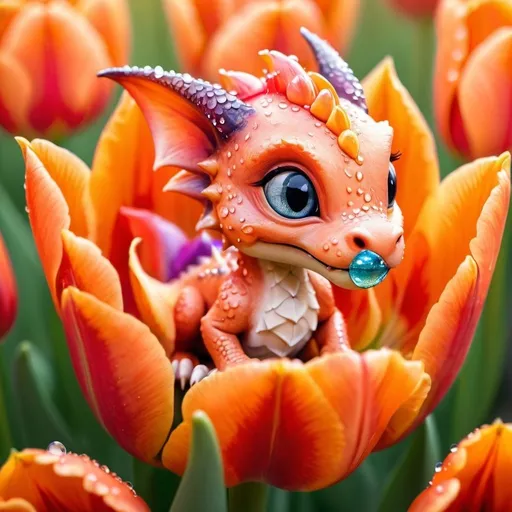 Prompt: Tilt shift: a Breathtaking soft watercolour macro close up of a beautiful adorable sweet delicate baby  baby dragon curled up asleep inside the centre of a tulip! Surrounded by delicate  tulip petals! dewdrops, sparkling in the orange sunset!! A vast array of shades of orange!!
